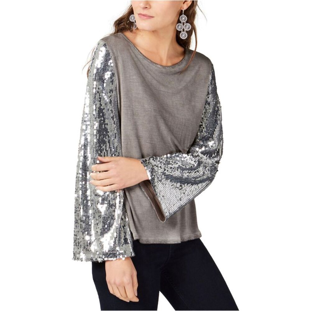 I.N.C Womens Sequined Sleeve Pullover Blouse, Grey, M, DM